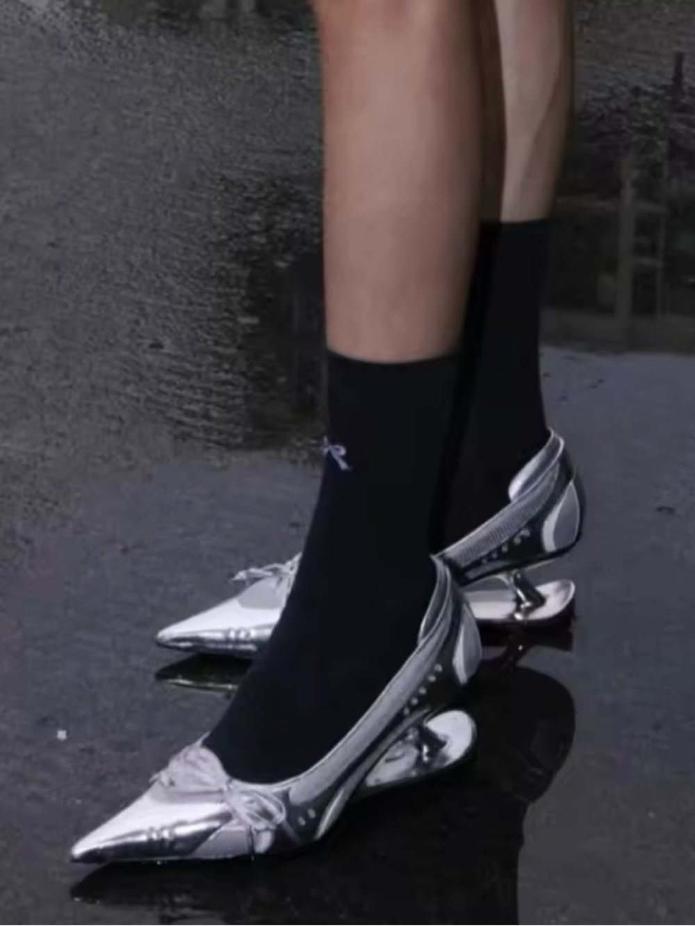 Women's Silver Pointed Toe Heel Ballet Flats - Designer Style